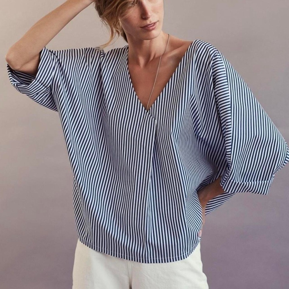 NWOT Harshman Womens Cotton White and Navy Striped Pascal Popover Shirt Large